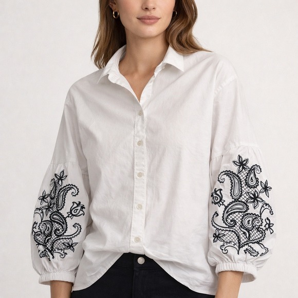 J. Jill Tops - J. Jill Button Down Shirt Womens L White Black Paisley Embroidered Puff Sleeve